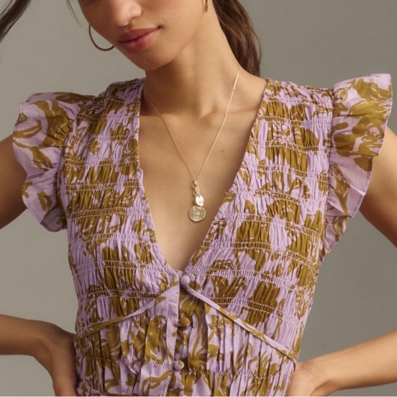 Anthropologie Peregrine Tiered Midi Dress Smocked Cottagecore Large L Purple - Picture 3 of 16